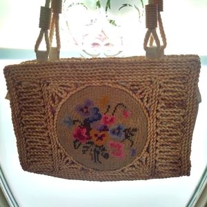 Vintage Needlepoint Flower Straw Purse